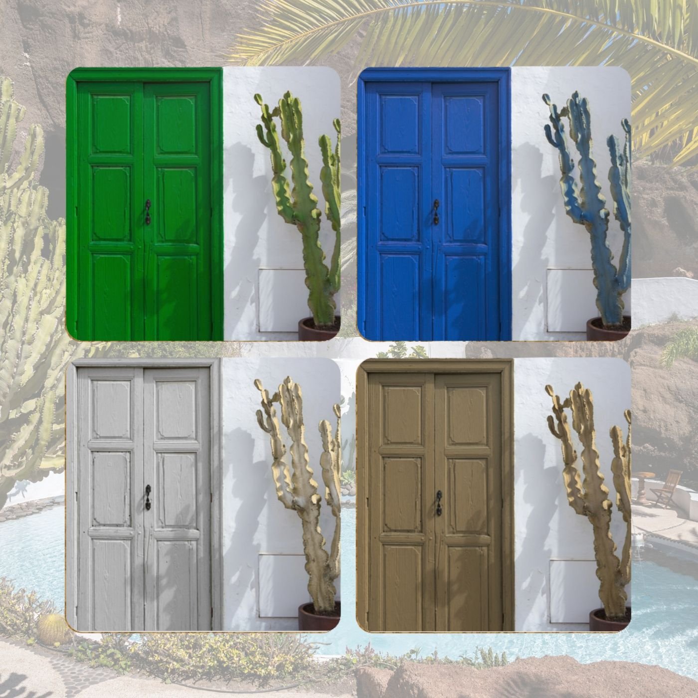 Set of four square coasters showing a whitewashed wall, cactus and doorway in green, blue, grey and olive